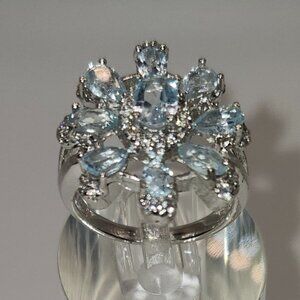 .925 Sterling Blue Topaz and Cubic Zirconia Ring Size 6.5 Value $630